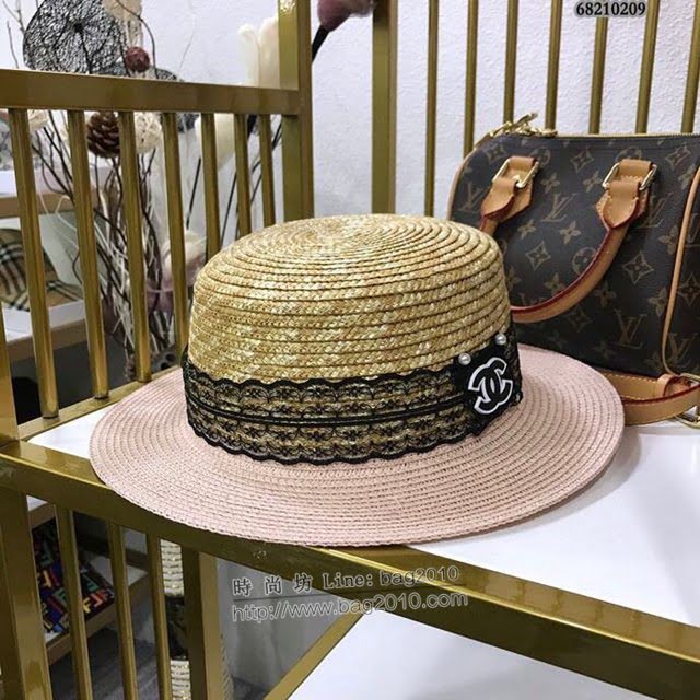 Chanel女士帽子 香奈兒簡約拼接蕾絲草編草帽盆帽禮帽  mm1403